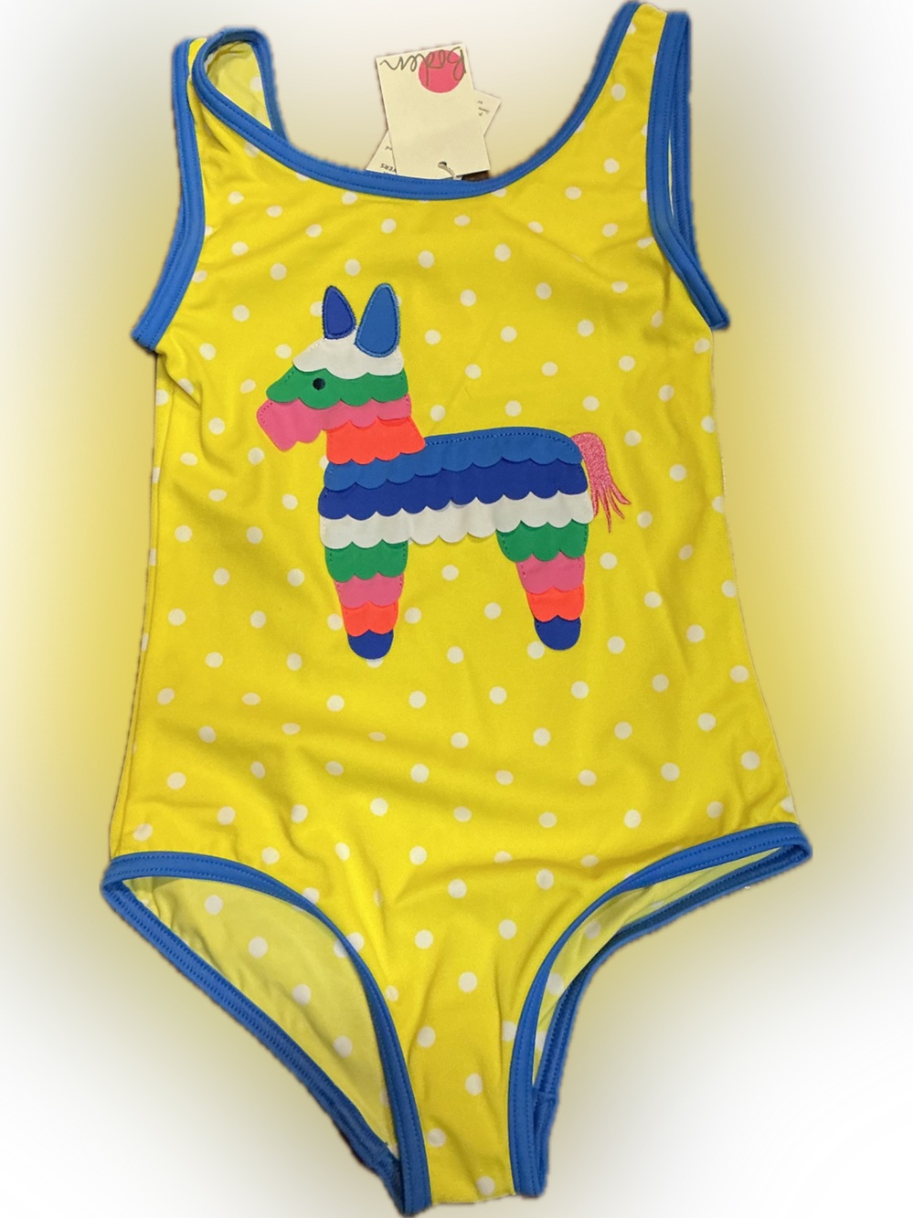 Mini Boden Yellow Polka Dot One-Piece Swimsuit with Colorful Pinata